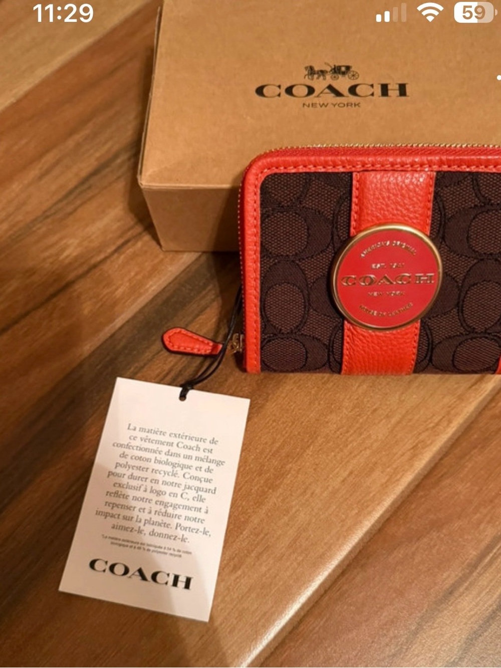 Coach Brown Signature Zip Card Case with Red Trim